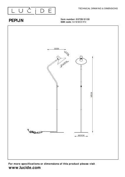 Lucide PEPIJN - Lampadaire - Ø 23 cm - 1xE14 - Noir - technique
